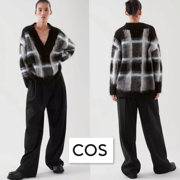COS Mohair Wool Oversized Plaid Sweater XS V-Neck Slouchy Drop Shoulder Academia - Picture 4 of 16